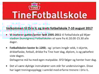 Driv IL Fotball, Tine Fotballskole 7. - 10. august 2017, påmeldingen er åpen nå